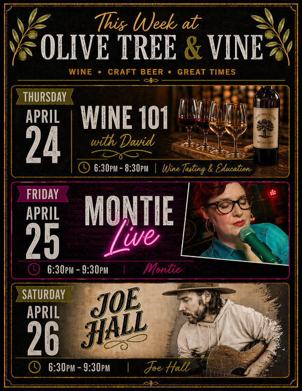Olive Tree and Vine weekly events signage design